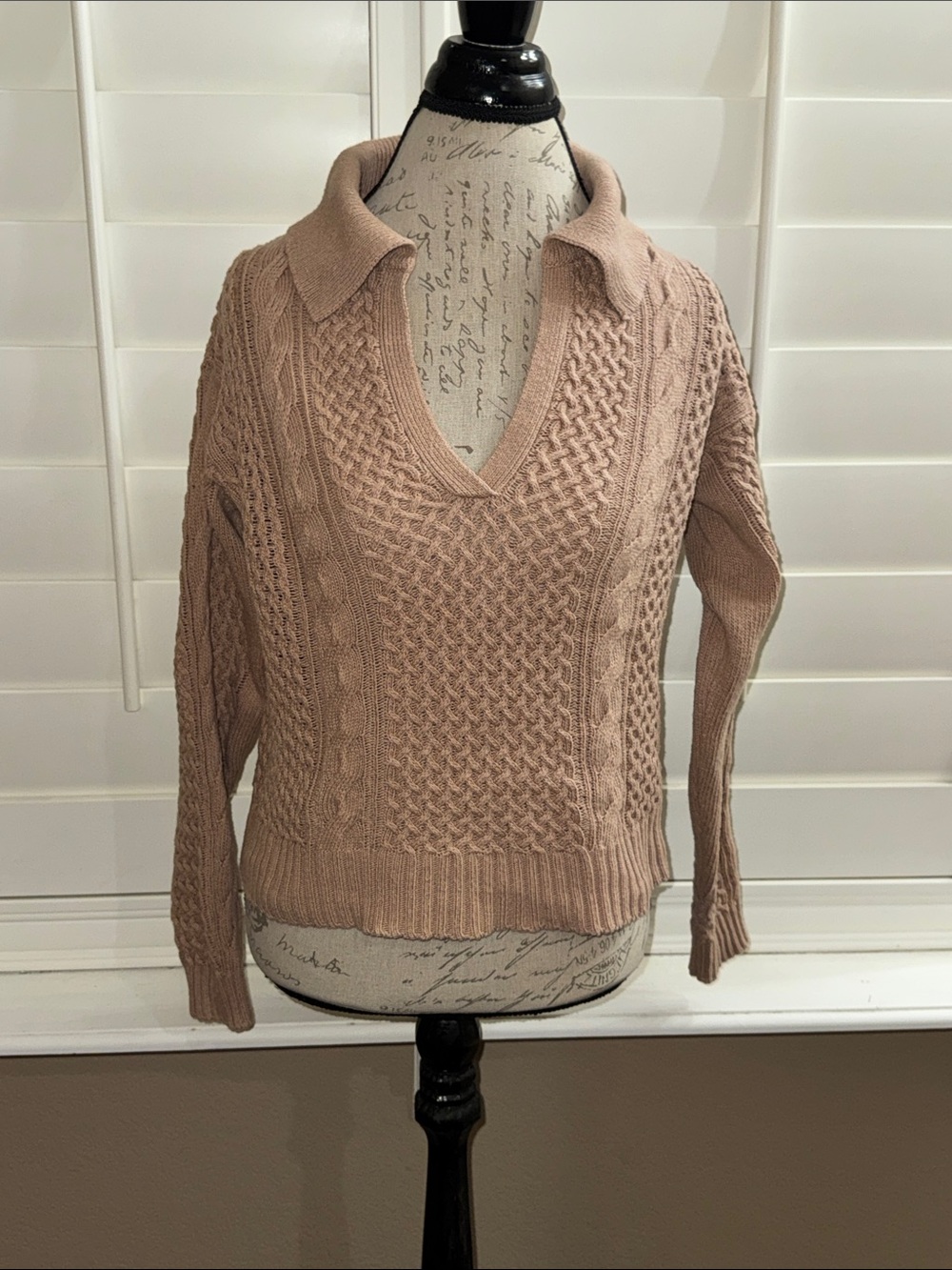 Jason Wu Cable Knit Collared V-Neck Pullover Sweater Camel